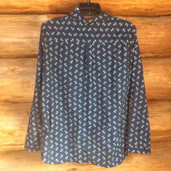 Talbots Navy Blue with White Anchor Print Nautical Long Sleeve EUC Shirt Size 14 - Picture 2 of 5